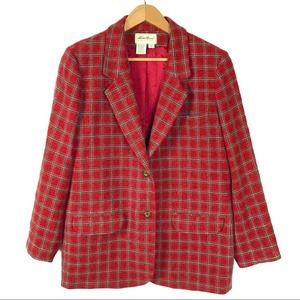 Eddie Bauer Tartan Plaid Wool Blazer Large Red